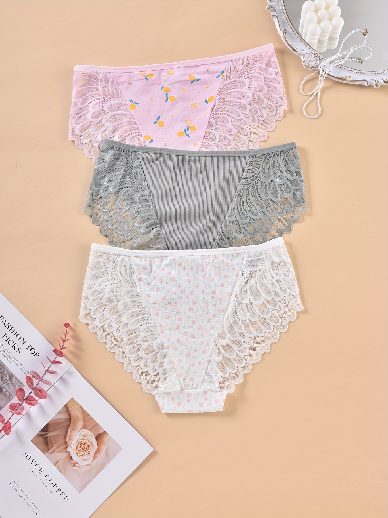 3 Pack Plus Size Elegant Underwear Set, Women's Plus Graphic Lace Ditsy  Floral Print Stretchy High Cut Panty Three Piece Set