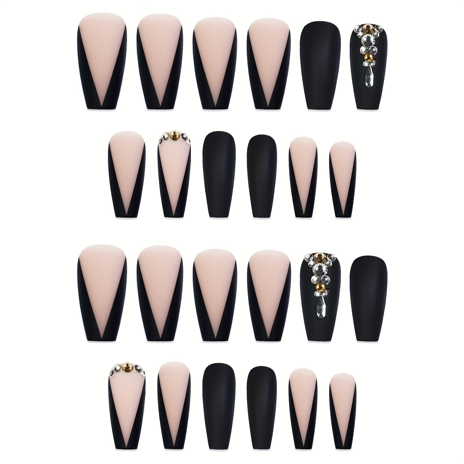 Long Luxury Rhinestone Fake Nails Black French Tips Press On False Nails  Natural Full Cover Coffin Artificial Fake Nails For Women Girls, Halloween  Nails - Temu