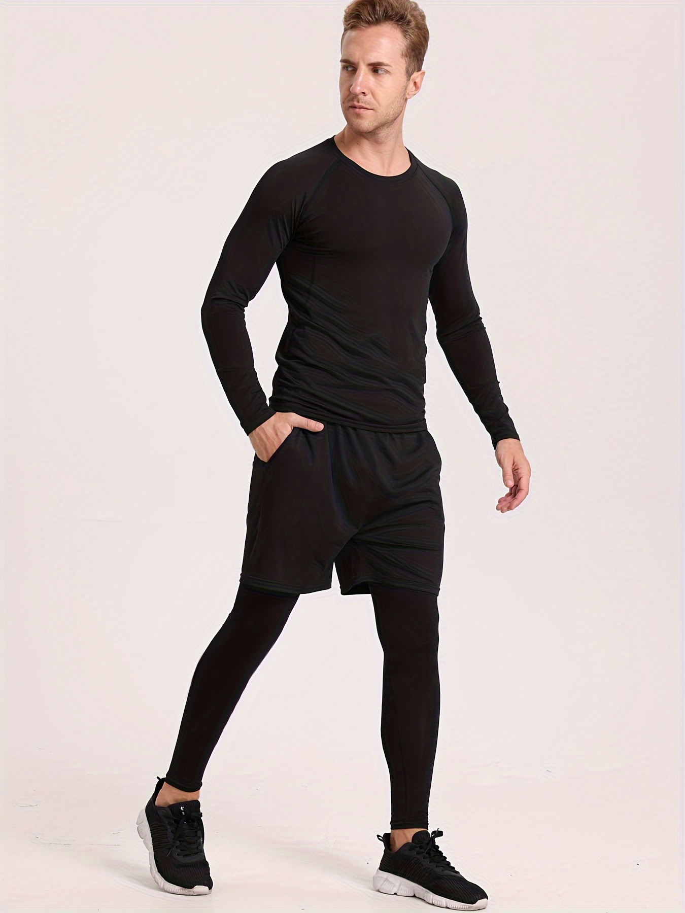 2pcs Thermal Underwear, Men's Quick Dry Fleece Compression Shirt & Comfy  High Stretch Breathable Leggings For Fall Winter Outdoor