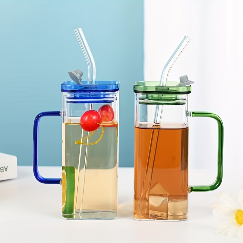 400Ml Square Mug With Lids and Straws Single Colored Handle Layer