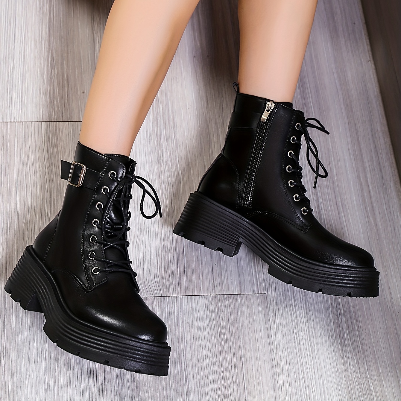Women's Platform Ankle Boots, Round Toe Lace Up & Side Zipper Motorcycle  Boots, Chunky Heeled Combat Boots
