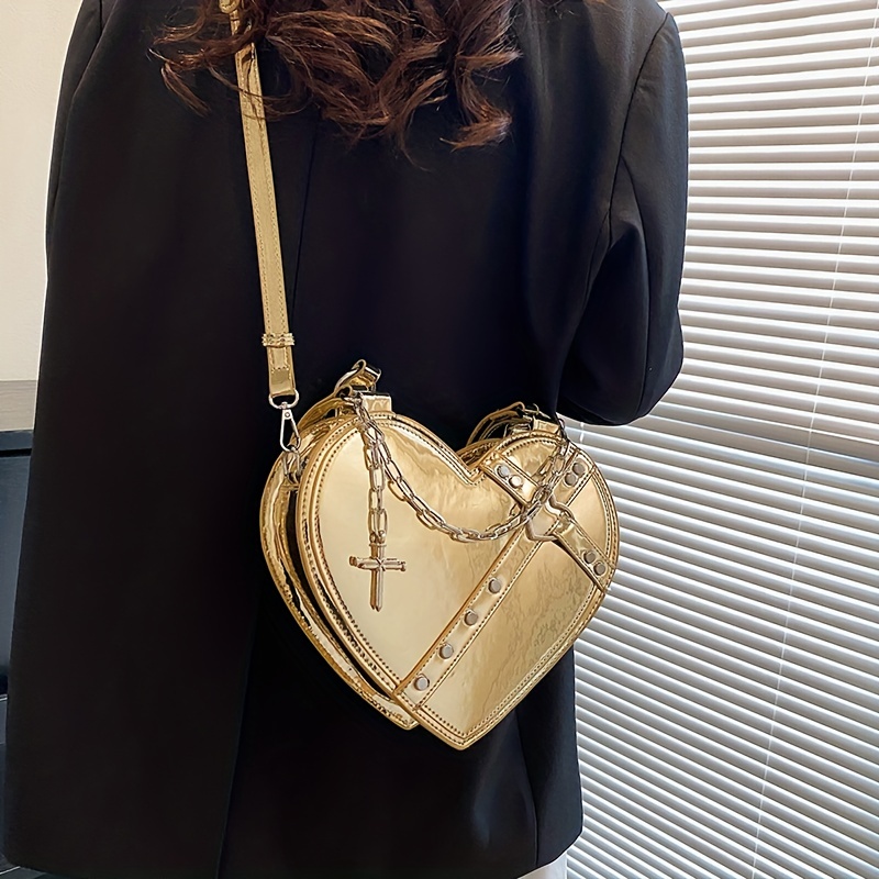 Gothic Heart Shaped Handbag, Y2k Mini Chain Crossbody Bag, Punk