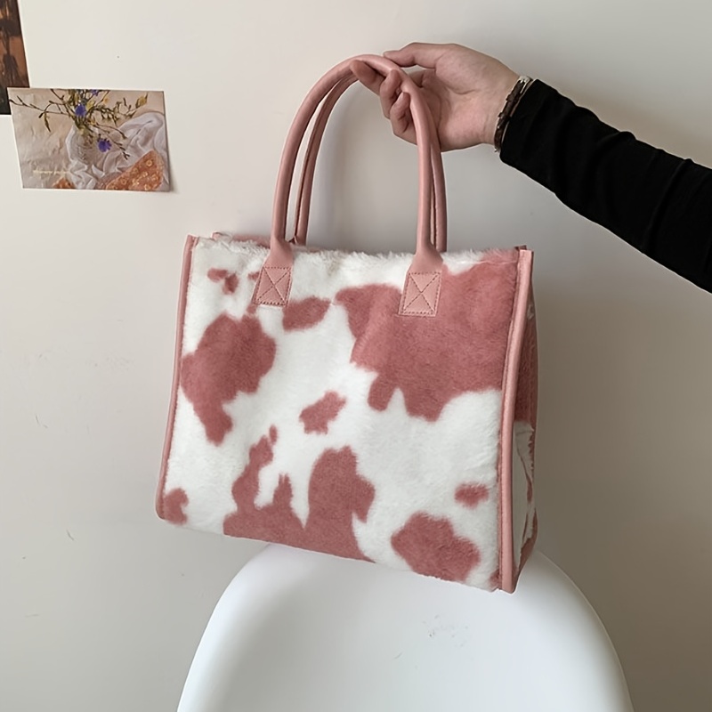 Plush Cow Pattern Tote Bag, Y2K Vintage Shoulder Bag, Fluffy Faux Fur  Handbag For Women