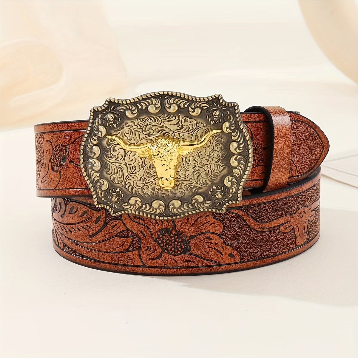 Men's Western Cowboy Buckle Pu Belt, Pants Jeans Belt - Temu