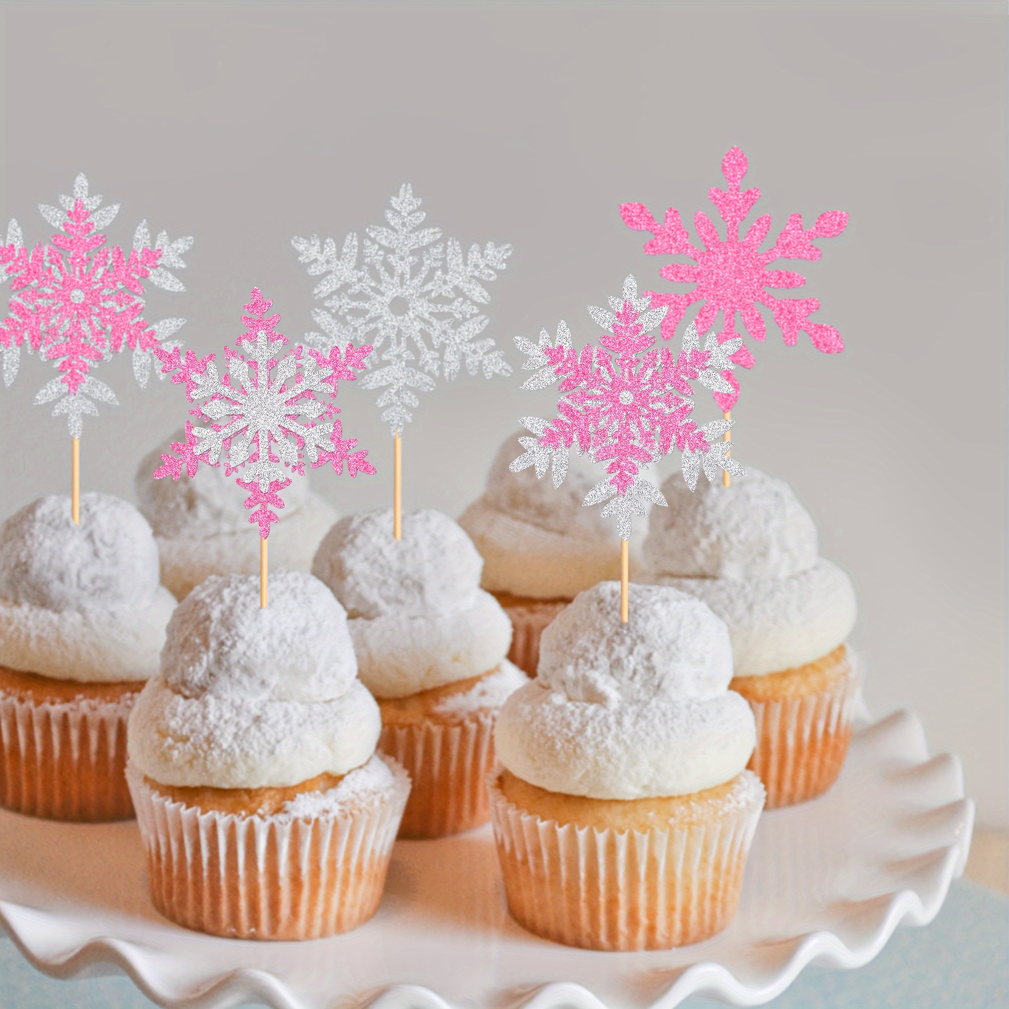 50 PCS White Edible Cupcake Toppers Snowflake Cake Toppers Snowflake  Cupcake Decorations for Winter Frozen Snowflake Theme Christmas Baby Shower