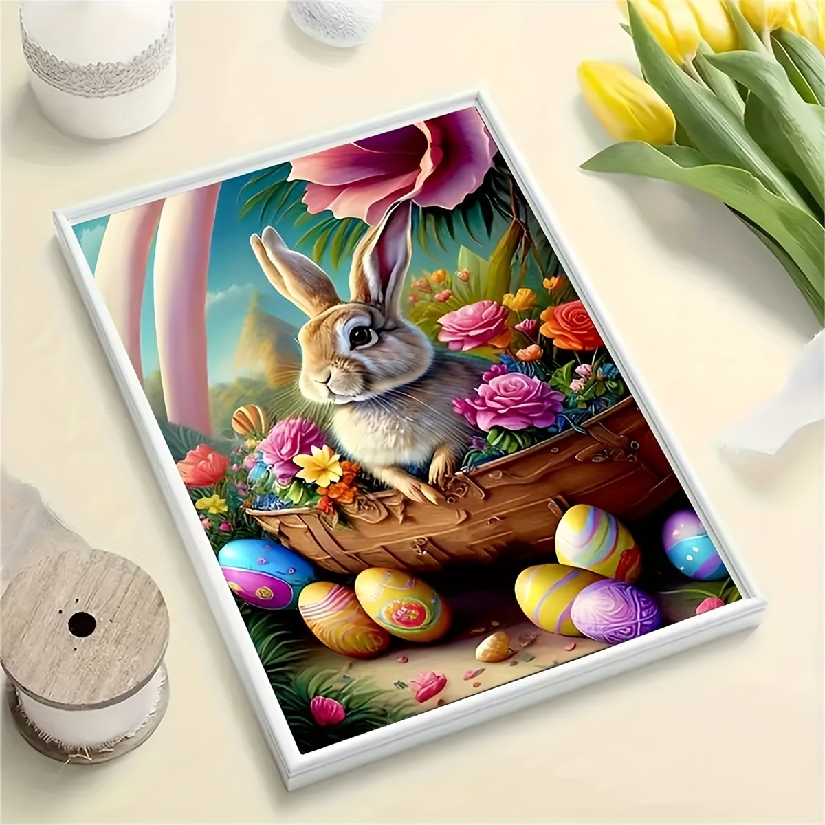 DIY Diamond Painting Easter Wreath Pendant with Lighting Bunny Egg Diamond  Art Mosaic Hanging Ornament Craft