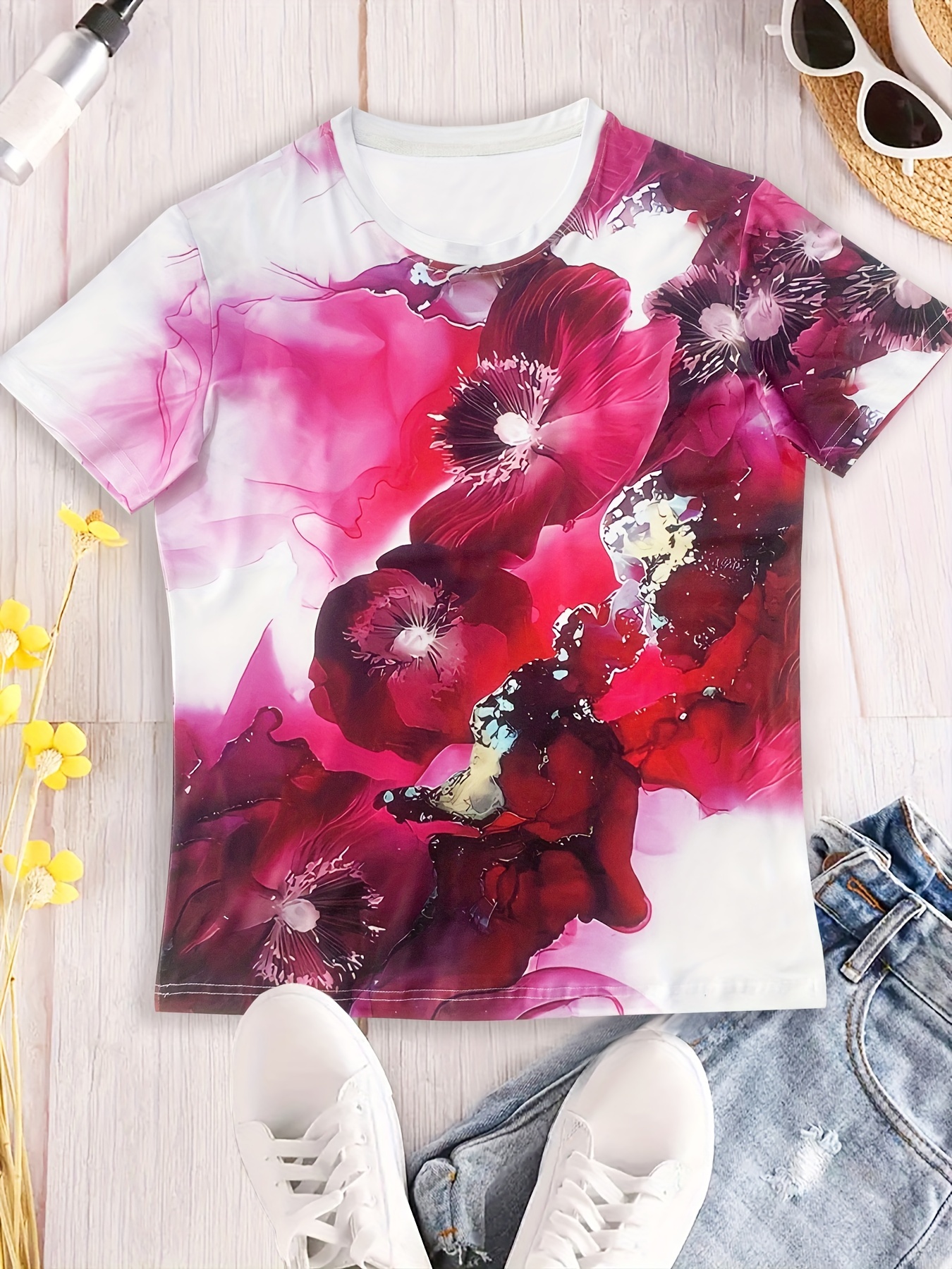 Big Flower Print Crew Neck T-shirt, Casual Short Sleeve Top For