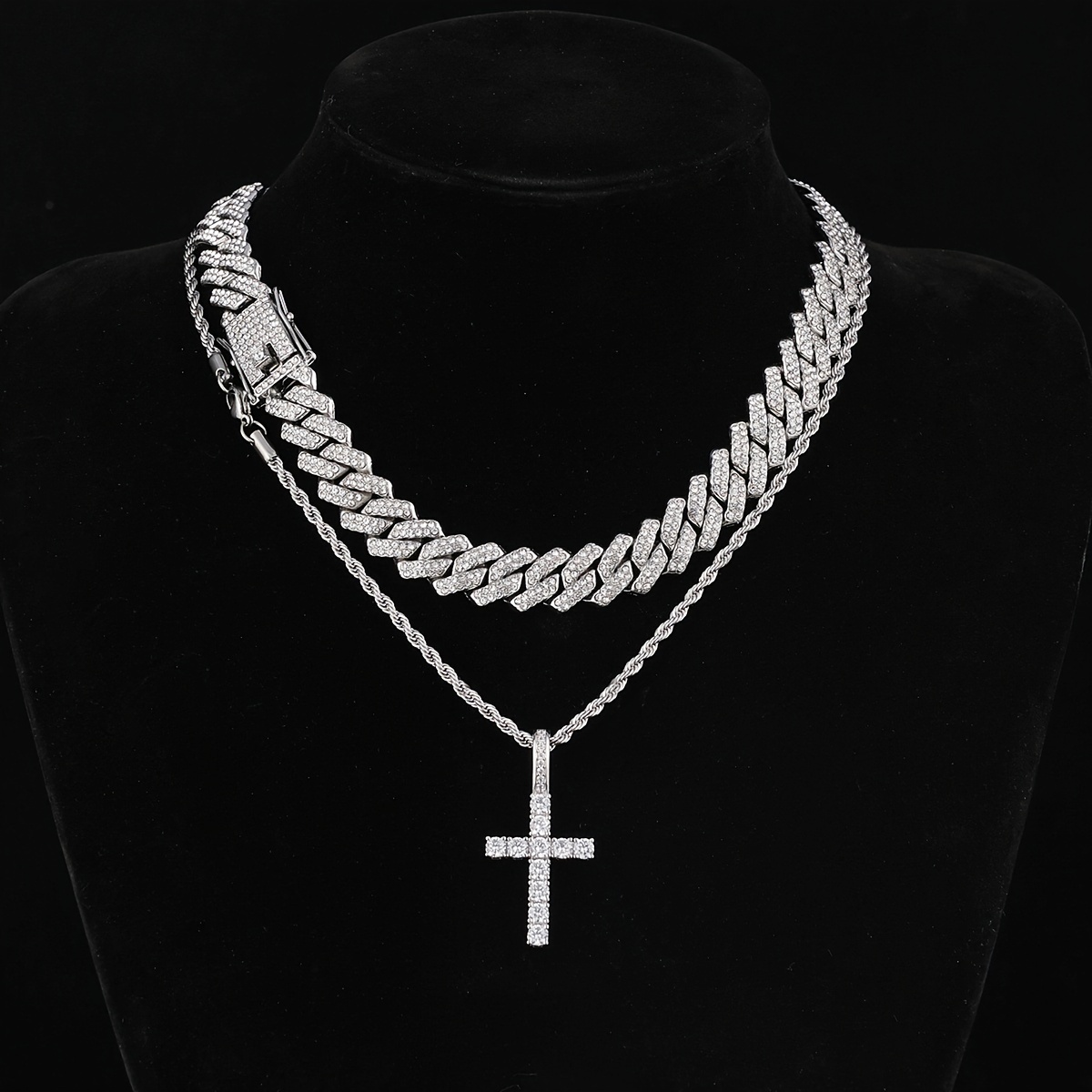 Men's Cross Necklace Layered Cuban Chain Stainless Steel - Temu Canada