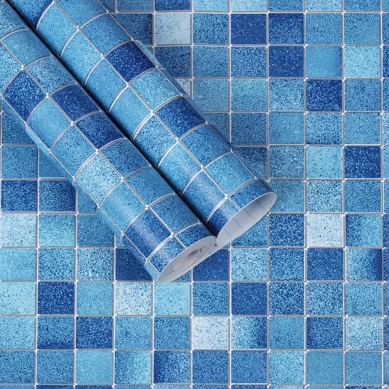  Papel de contacto autoadhesivo para baño, papel tapiz barato,  papel tapiz de vinilo para muebles, papel de pared, mosaico azul, 23.6 x  196.9 in : Herramientas y Mejoras del Hogar