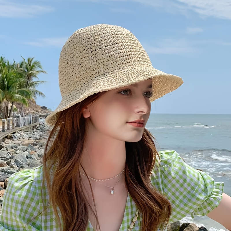 Solid Uv Protection Straw Hat Breathable Sunscreen Summer - Temu