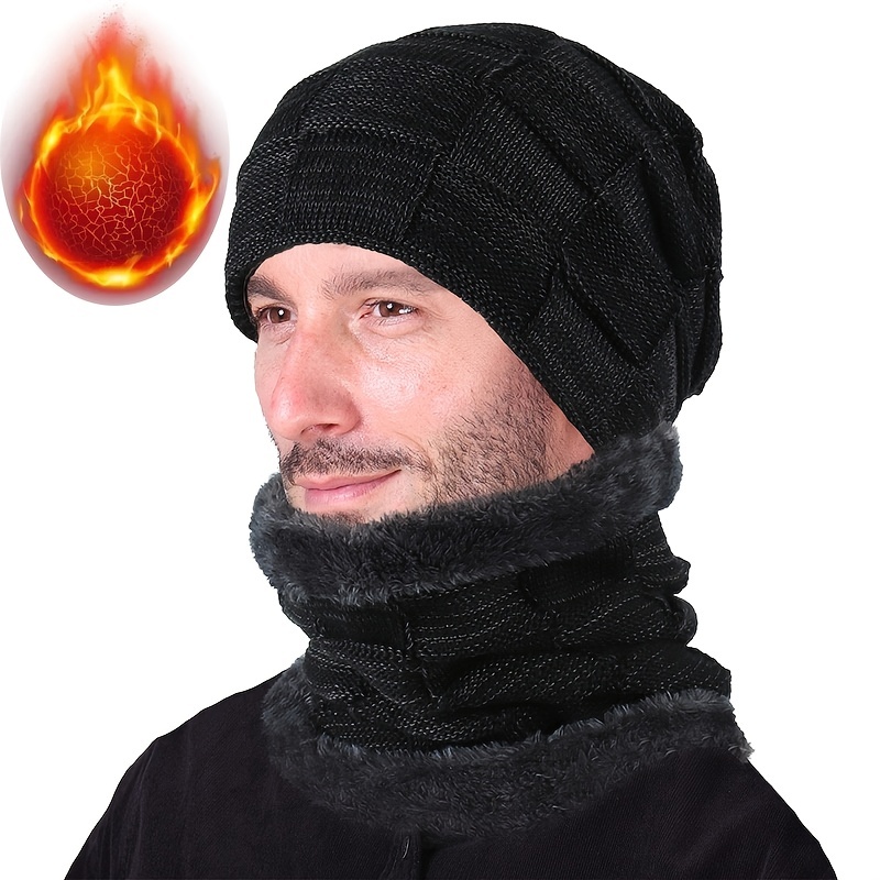 Winter Knit Skull Neck Warmer With Thick Fleece Lined Hat And