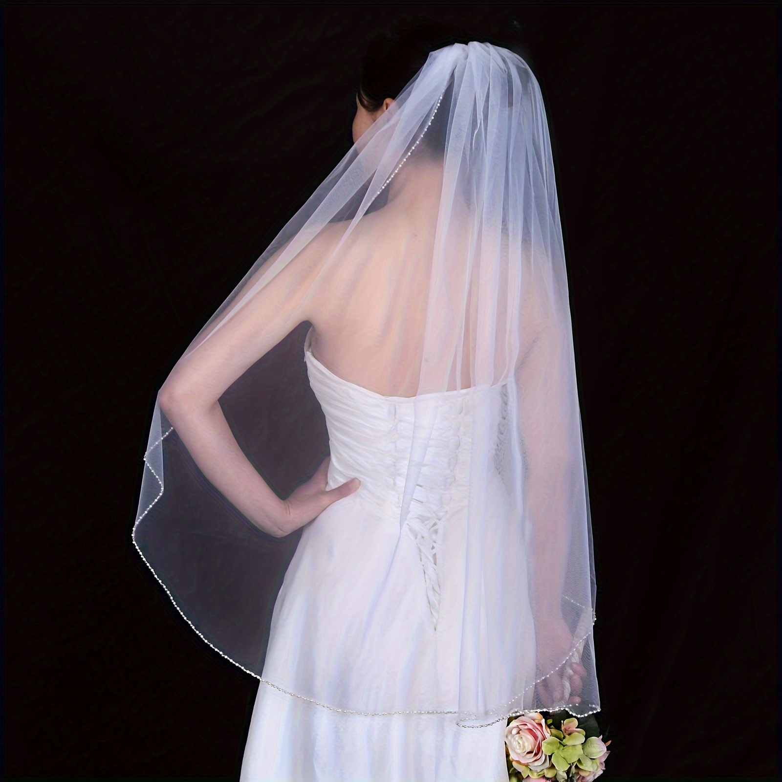 Wedding Veil Handmade Beaded Bridal Veil Single Layer Fingertip Length  Church Wedding Veil Soft Tulle - Temu