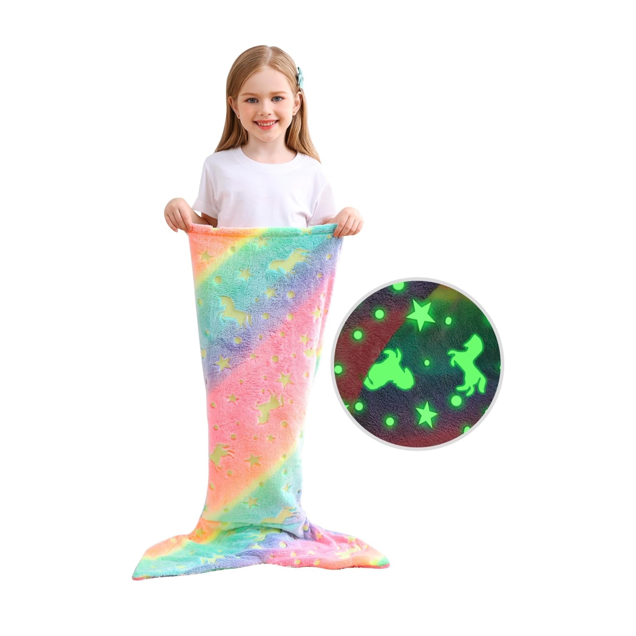 TEMU 1pc Cartoon Rainbow Unicorn Mermaid Tail Blanket - Glow In The Dark Tail Blanket - Flannel Mermaid Blanket Gift For Girls - Fluorescence Unicorn Blanket Super Soft Tie Dye Girl Gift