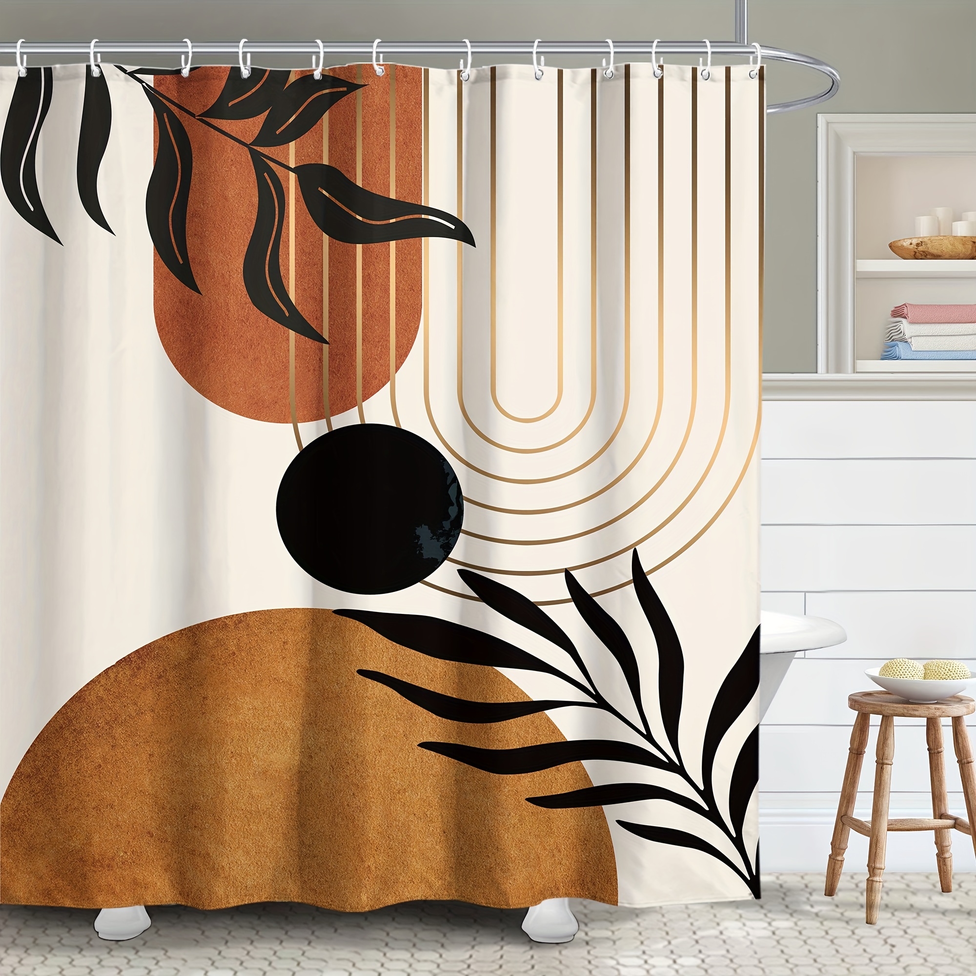1pc Abstract Middle Age Style Shower Curtain With Cartoon Cat & Bohemian  Geometric Pattern, Sun Aesthetic Home Bathroom Shower Decor With Hooks  Included