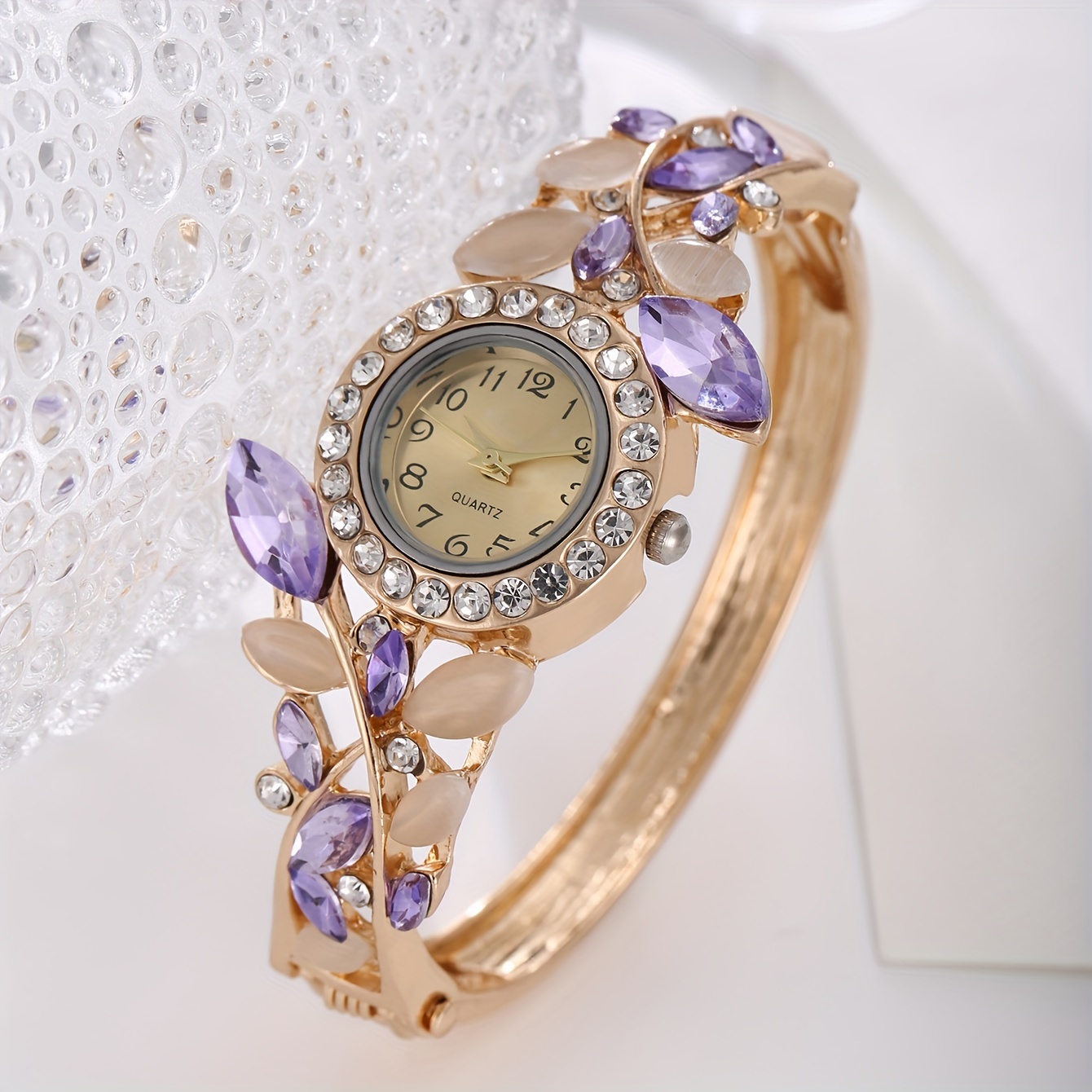 Luxury Women Purple Rhinestone Encrusted Clover Watch 