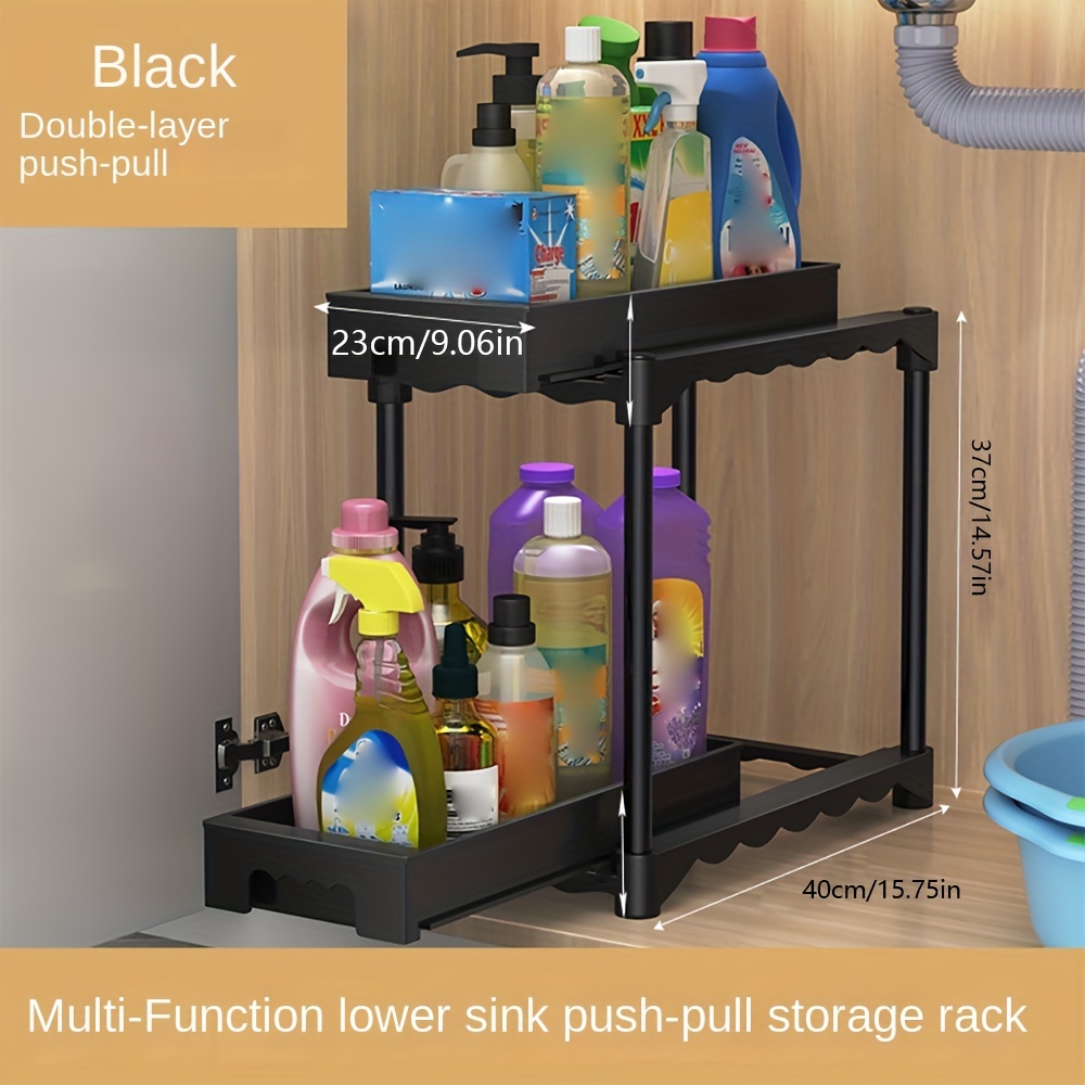 1pc 2-tier Sliding Cabinet Basket Drawer Under Sink Organizer With Hooks  Cup For Kitchen And Bathroom Storage Accessory