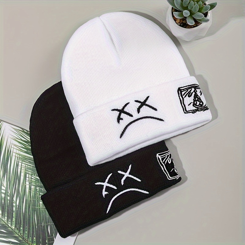 

Sad Face Embroidery Graphic Beanie Trendy Black & White Knit Hats Casual Skull Cap Hip Hop Cuffed Beanies For Women Men