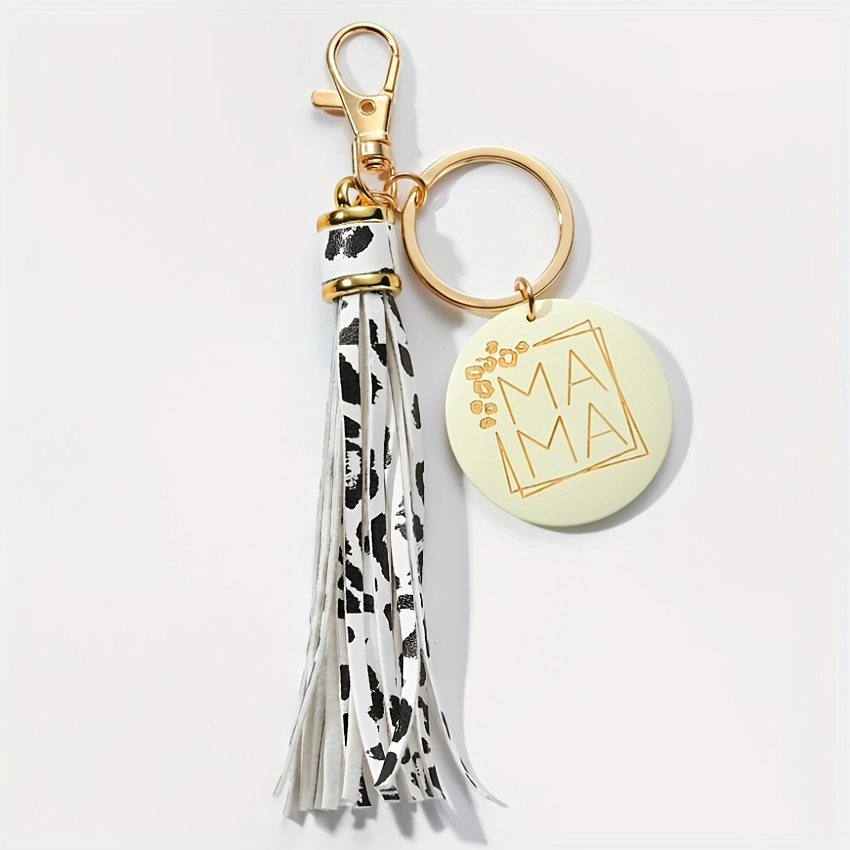 Leopard Print Tassel Keychain With Wooden Mama Pendant With Pu Tassel Bag  Ornament - Temu