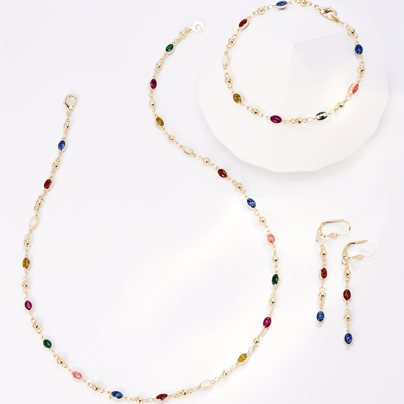 

1 Pair Hoop Earrings +1 Pc Necklace +1 Pc Bracelet With Colorful Beads Design Copper Jewelry Set Vintage Elegant Style Female Gift