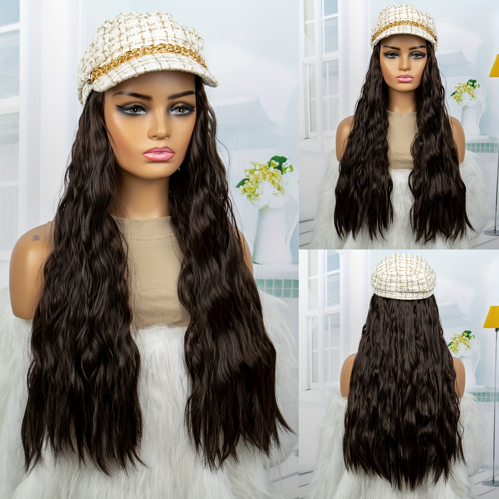 Women's Bucket Hats with Hair Extension, Hat with Long Straight Hair Wig, Hat and Glueless Wig for Daily,Temu