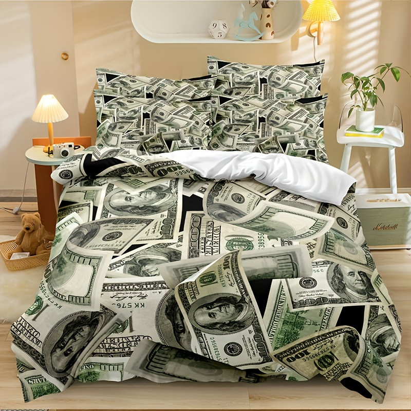 

3pcs Hundred Dollar Bill Duvet Cover Set, 3d Money Printed Duvet Cover, Fashion Comfortable Soft Bedding Set For Bedroom Dorm Guest Room Decor (1*duvet Cover + 2*pillowcases, Without Core)