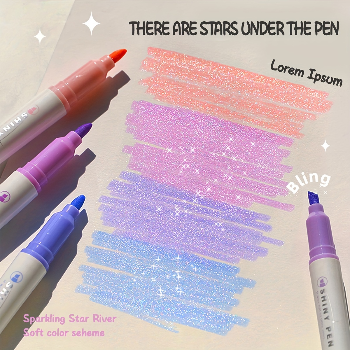 Glitter Highlighters, Flexible Line Width and Smudge-Proof Water
