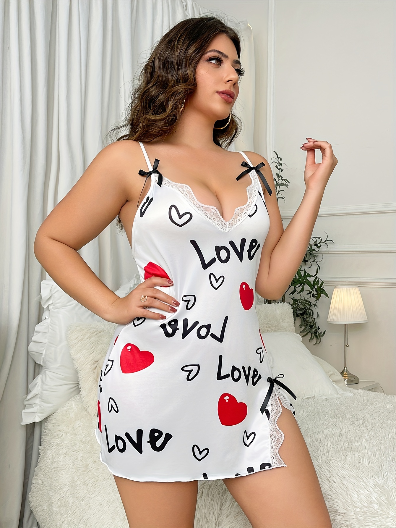 Plus Size Valentine's Day Sexy Lingerie Dress, Women's Plus Heart & Letter  Print Contrast Lace Trim Bow Decor Split Slips