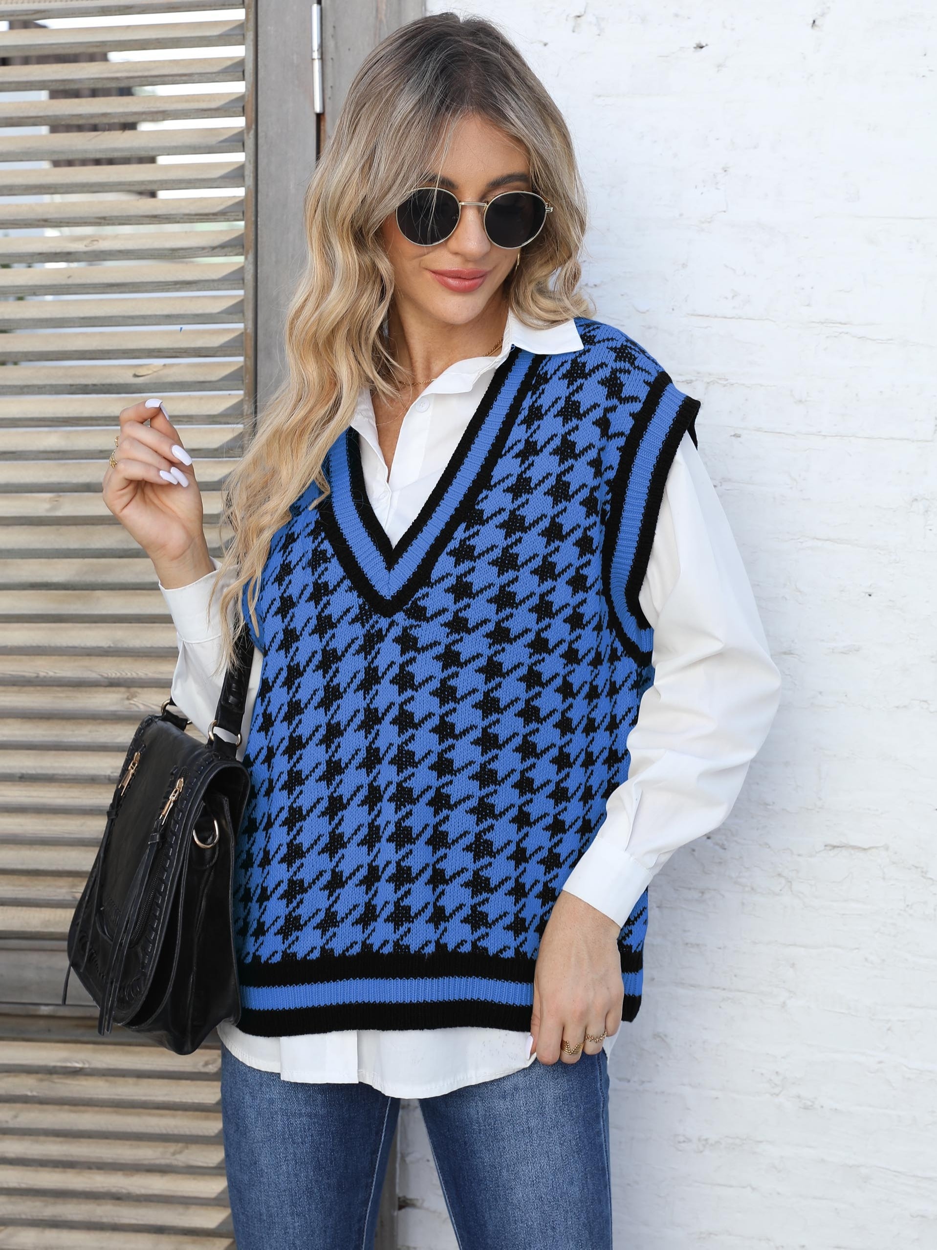 Houndstooth Loose Sweater Vests, Casual V-Neck Sleeveless Fall Winter Knit  Sweater Vest, Women's Clothing