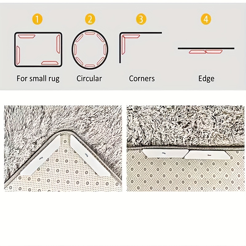 4 шт. высококачественных непромокаемых антибурых ковровых наклеек подходят для гостиной, столовой, ванной комнаты, предотвращают скольжение ковров и скручивание краев. Подробности 8.