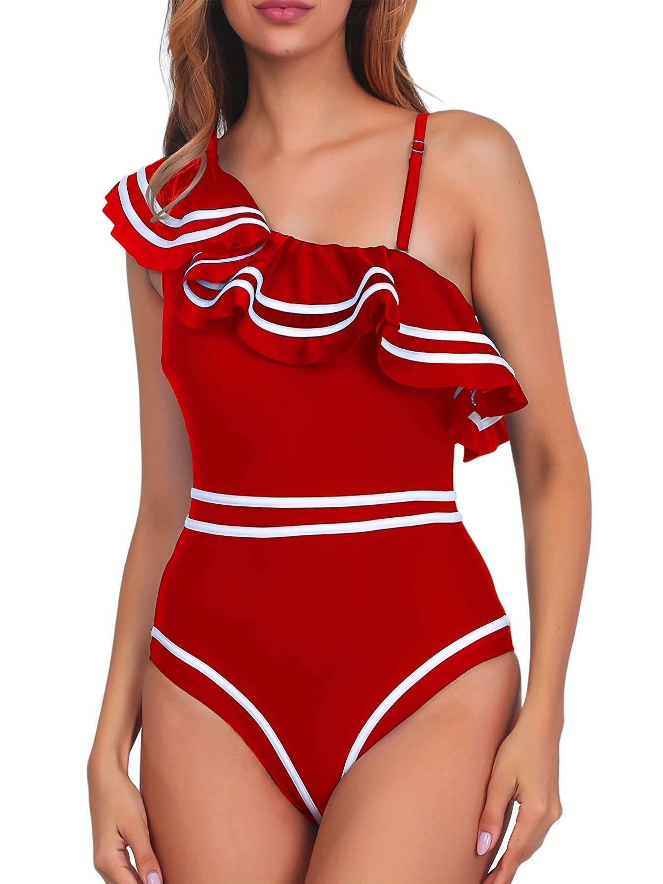 Red Asymmetrical Neck Swimsuit Ruffle Hem Tummy - Temu Australia