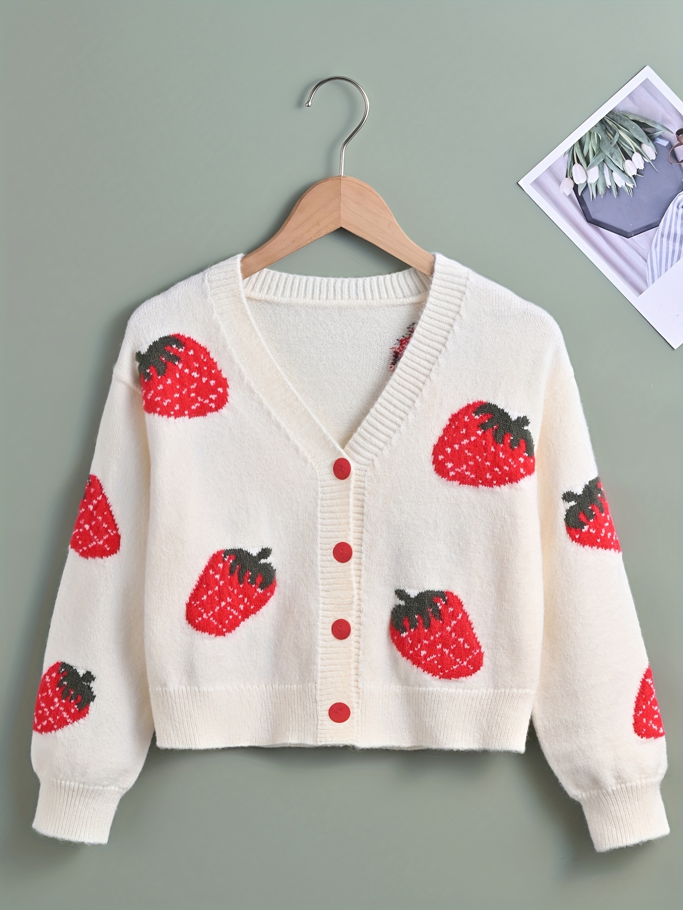 Strawberry Pattern Open Front Cardigan Elegant Long Sleeve - Temu Canada