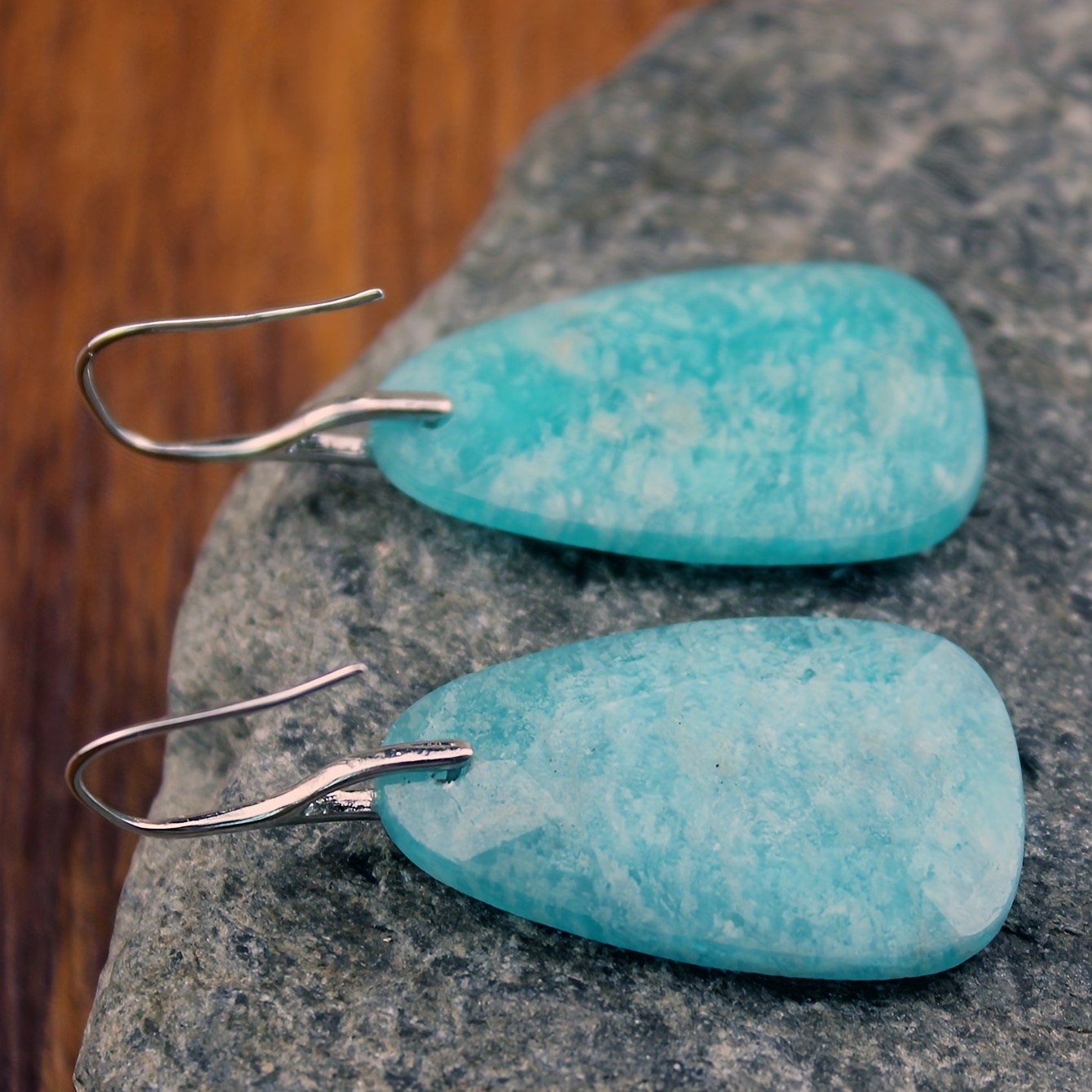 Teal Amazonite Dangle Earrings Natural Stone Copper Hooks