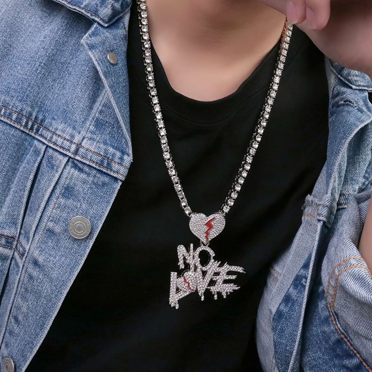 Men's Rhinestone Cracked Love No Love Pendant Hip Hop Necklace - Temu