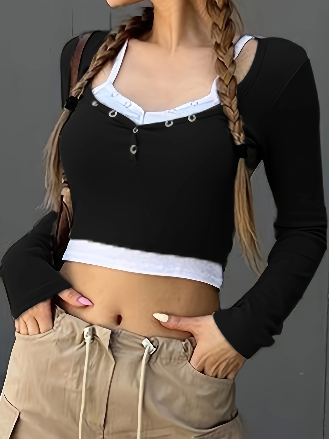 Contrast Lacescoop Neck T shirt Y2k Long Sleeve Crop Top - Temu