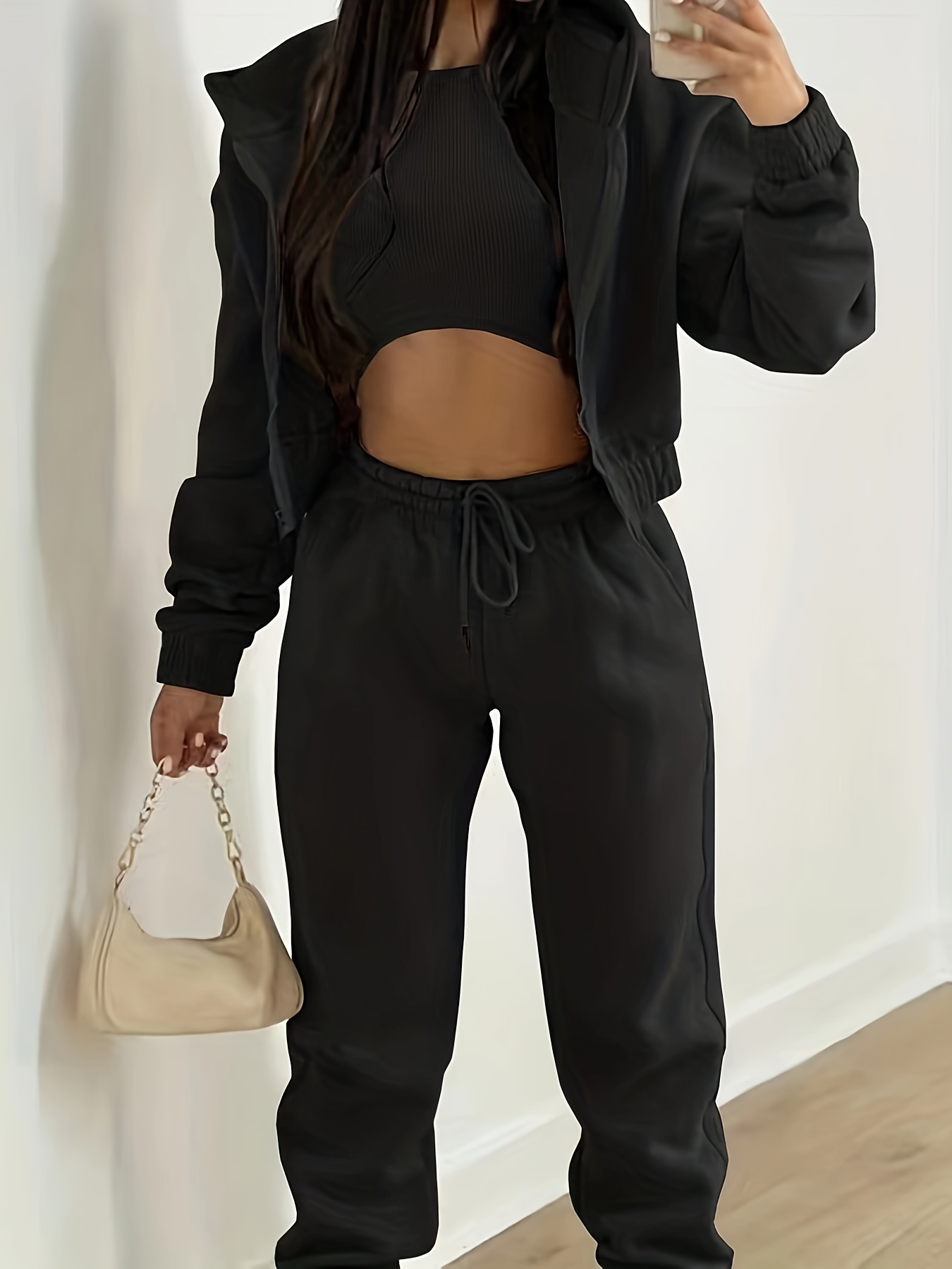 Women 3 Piece Sets Casual Long Sleeve Zip Hoodies+Ribbed Tank+High Waist  Sweatpants Jogger Pant Suits Sporty Three Pieces Outfit