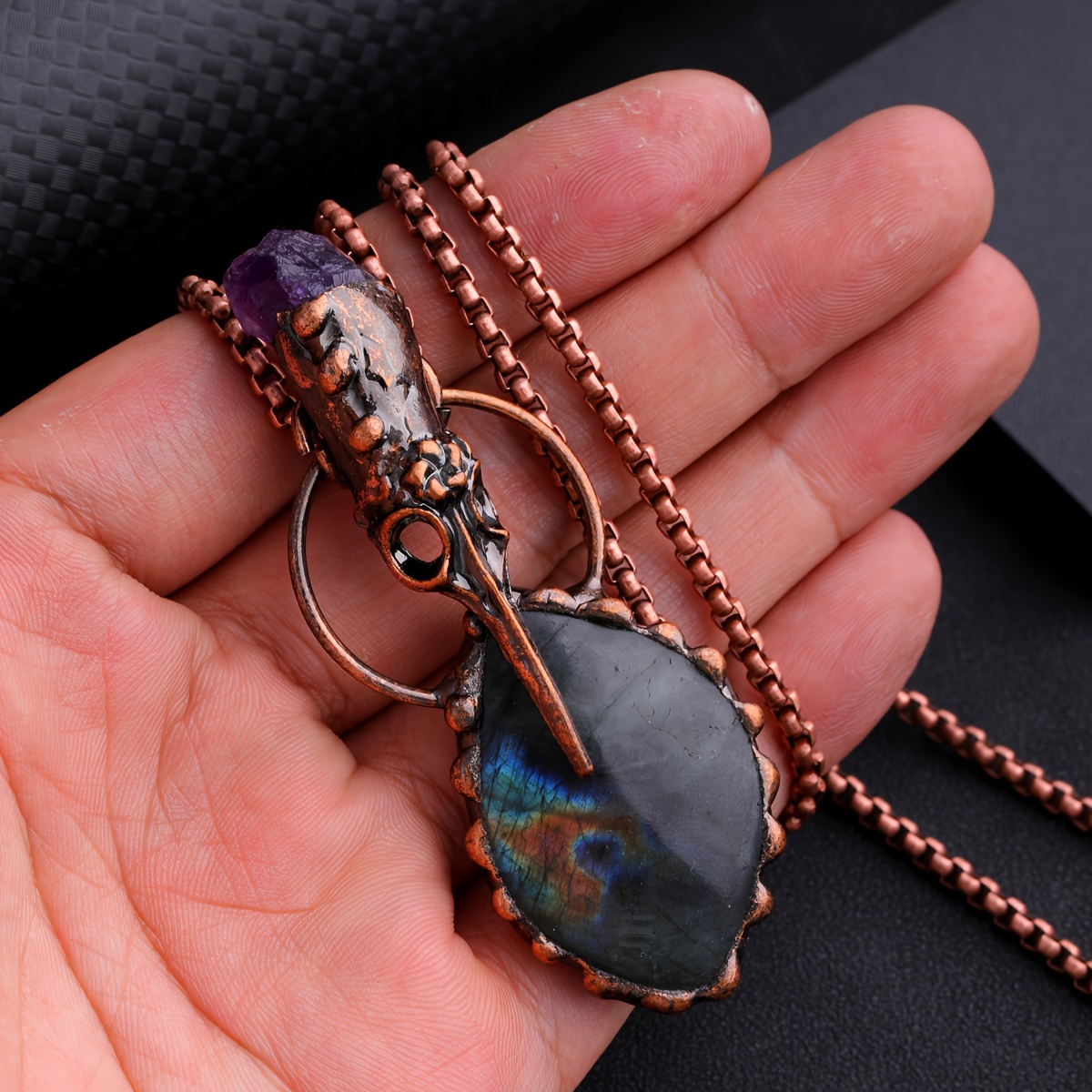 1pc Copper Hummingbird Head Amethyst Elongated Natural Stone Necklace, Crystal Pendant Quartz Jewelry, Jewels Necklace for Men,Temu