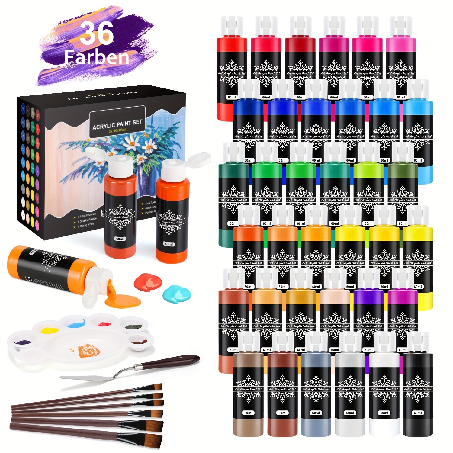 Acrylic Paint Set 36 Colors 60ml 2oz With 3 Brushes 1 Palette Craft  Painting R