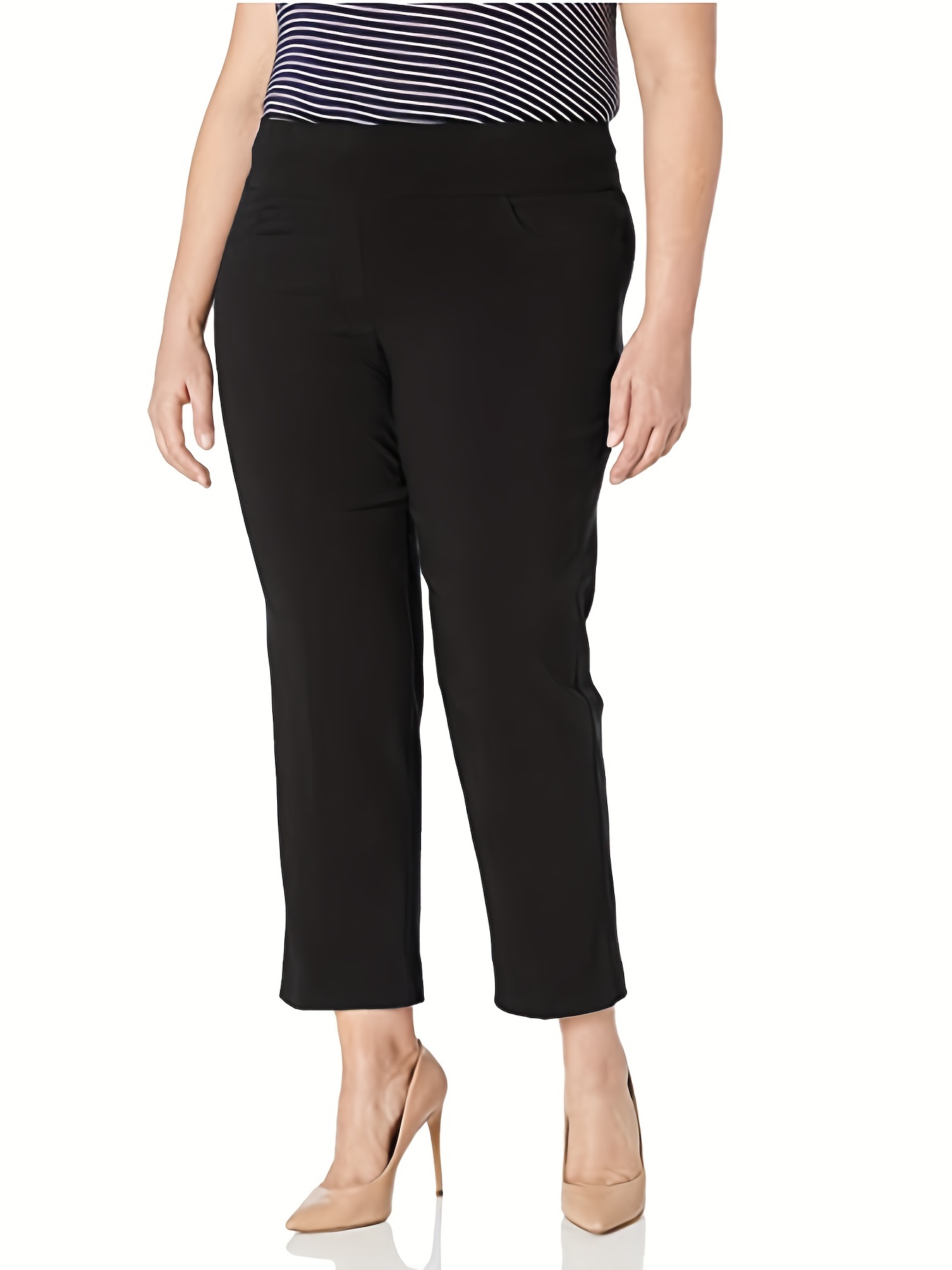 Plus Size Basic Pants, Women's Plus Solid High * Medium Stretch Workwear  Trousers With Pockets