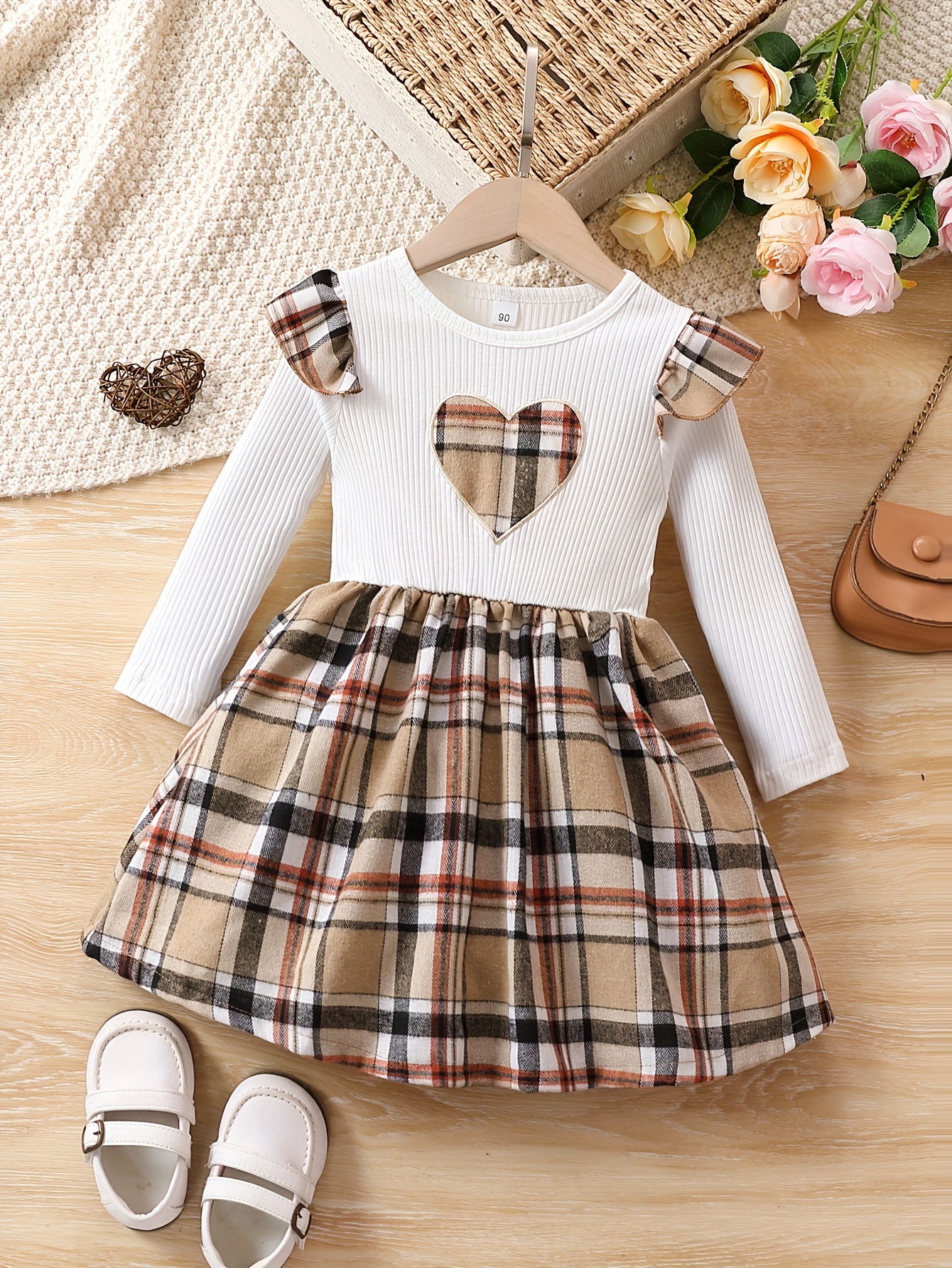 girls plaid heart embroidered long sleeve dress for spring and autumn khaki 0