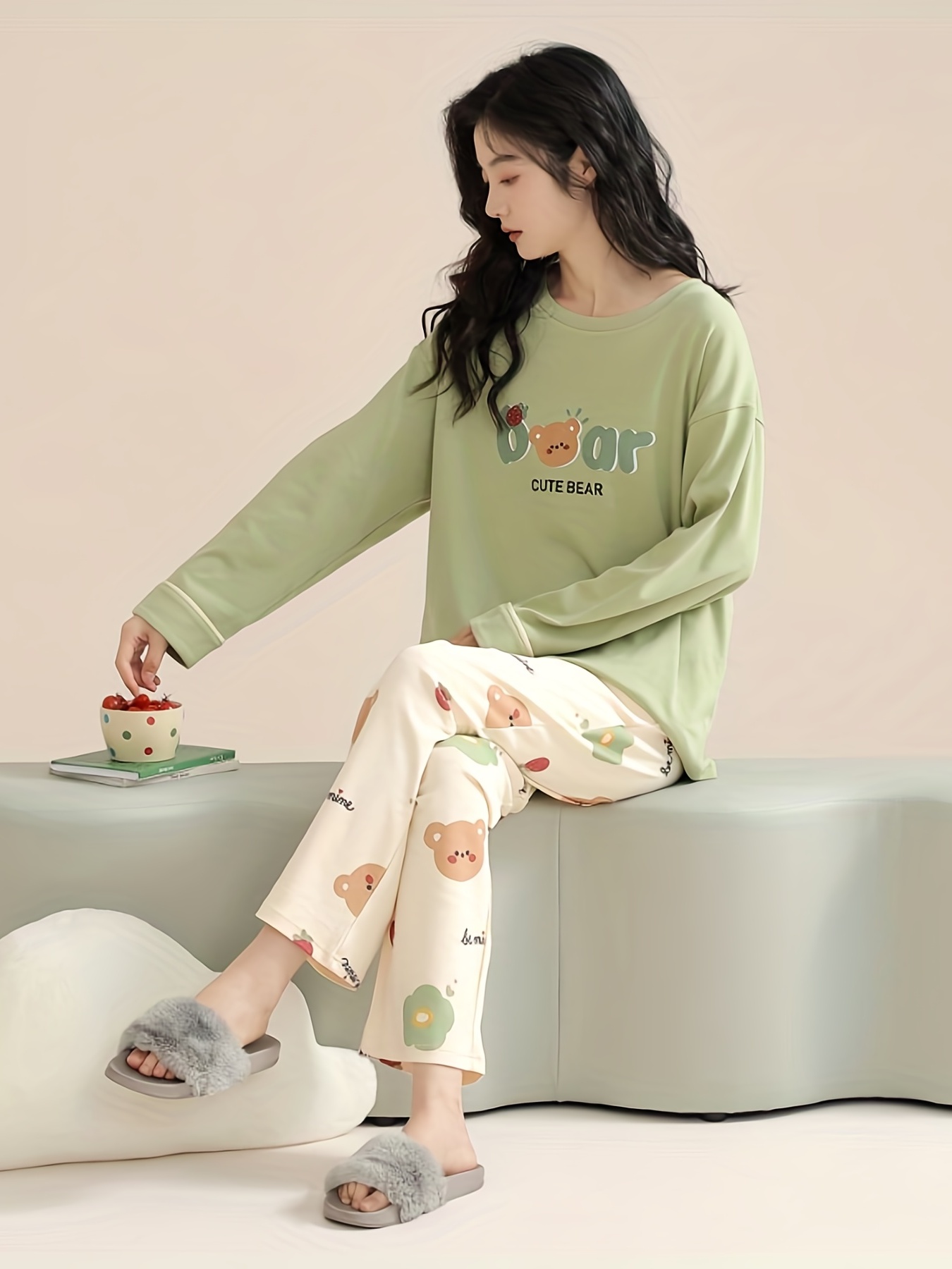Conjuntos de pijama feminino manga comprida estampa desenho kawaii