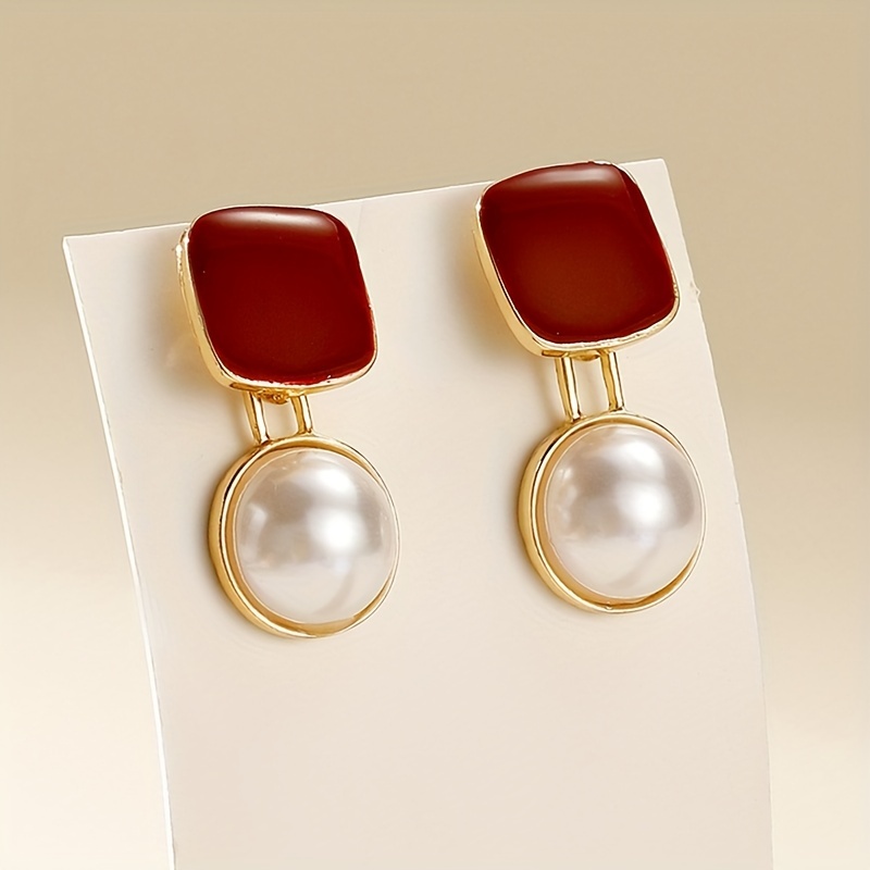 Faux Pearl Pendant With Red Square Shape Design Dangle - Temu