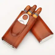 premium 3 finger brown leather cigar case with cedar wood lined humidor silvery stainless steel cutter details 3