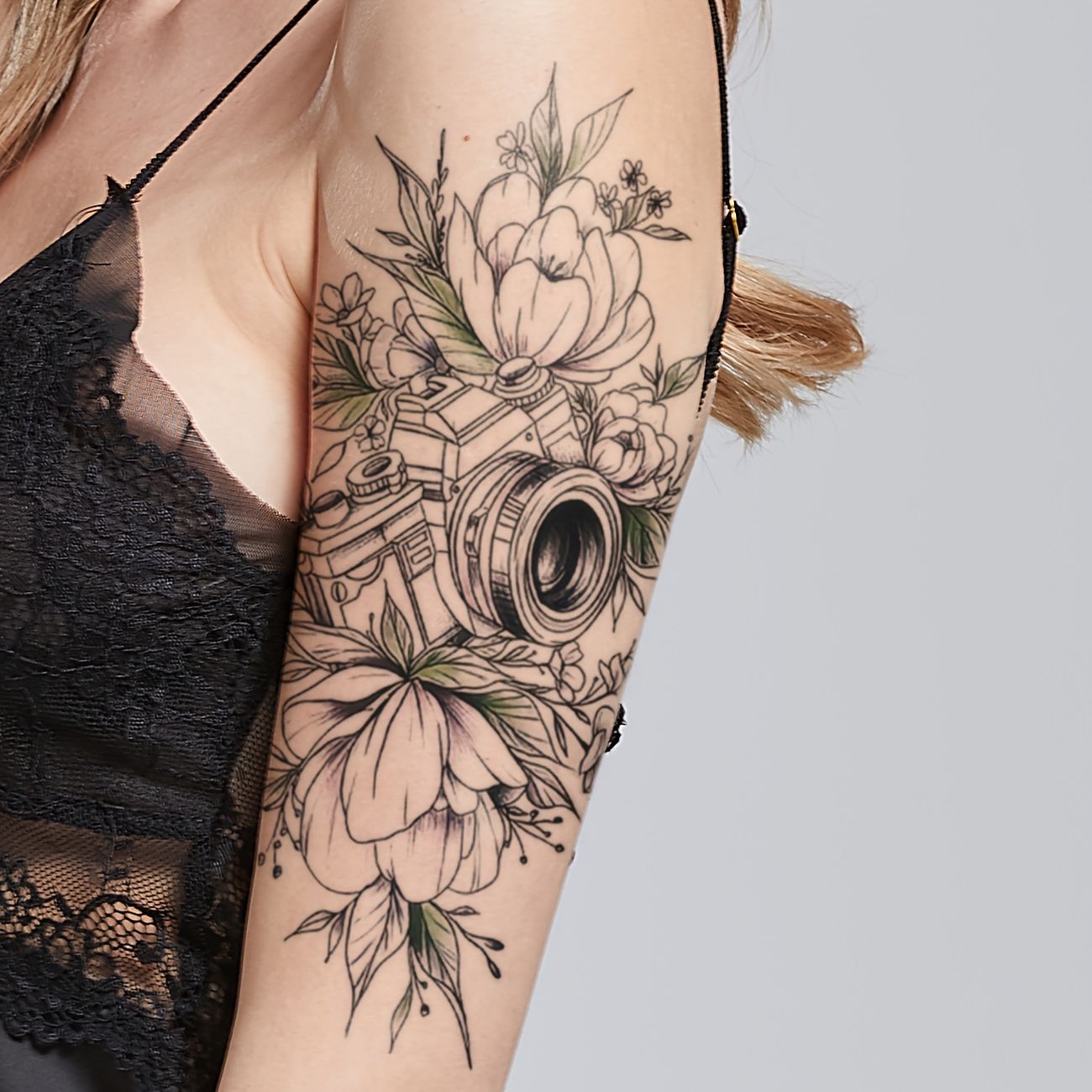 Flowers Camera Pattern Fake Body Arm Hands Chest Shoulder Tattoos For Women  Waterproof Black Temporary Tattoos | High-quality & Affordable | Temu Canada