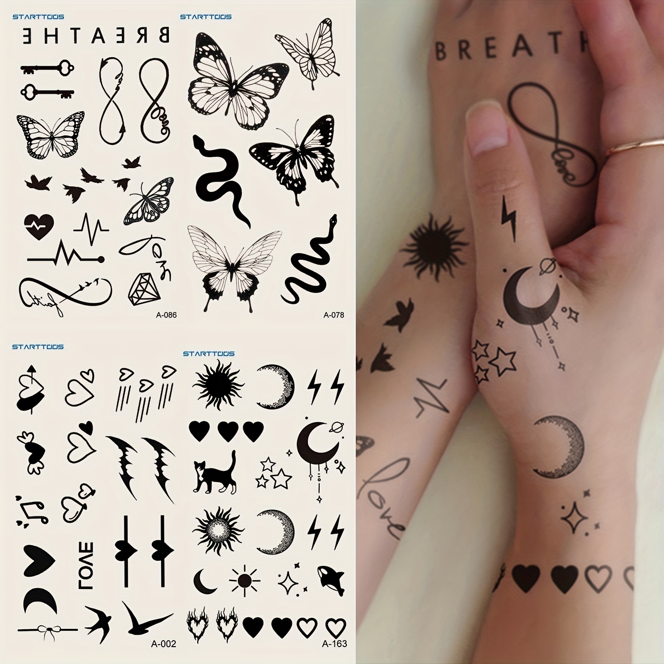 

4 Sheets Temporary Tattoo Sticker Black Butterfly Crescent Moon Love Heart Snake Pattern Finger Wrist Body Small Parts Body Art Fake Tattoo