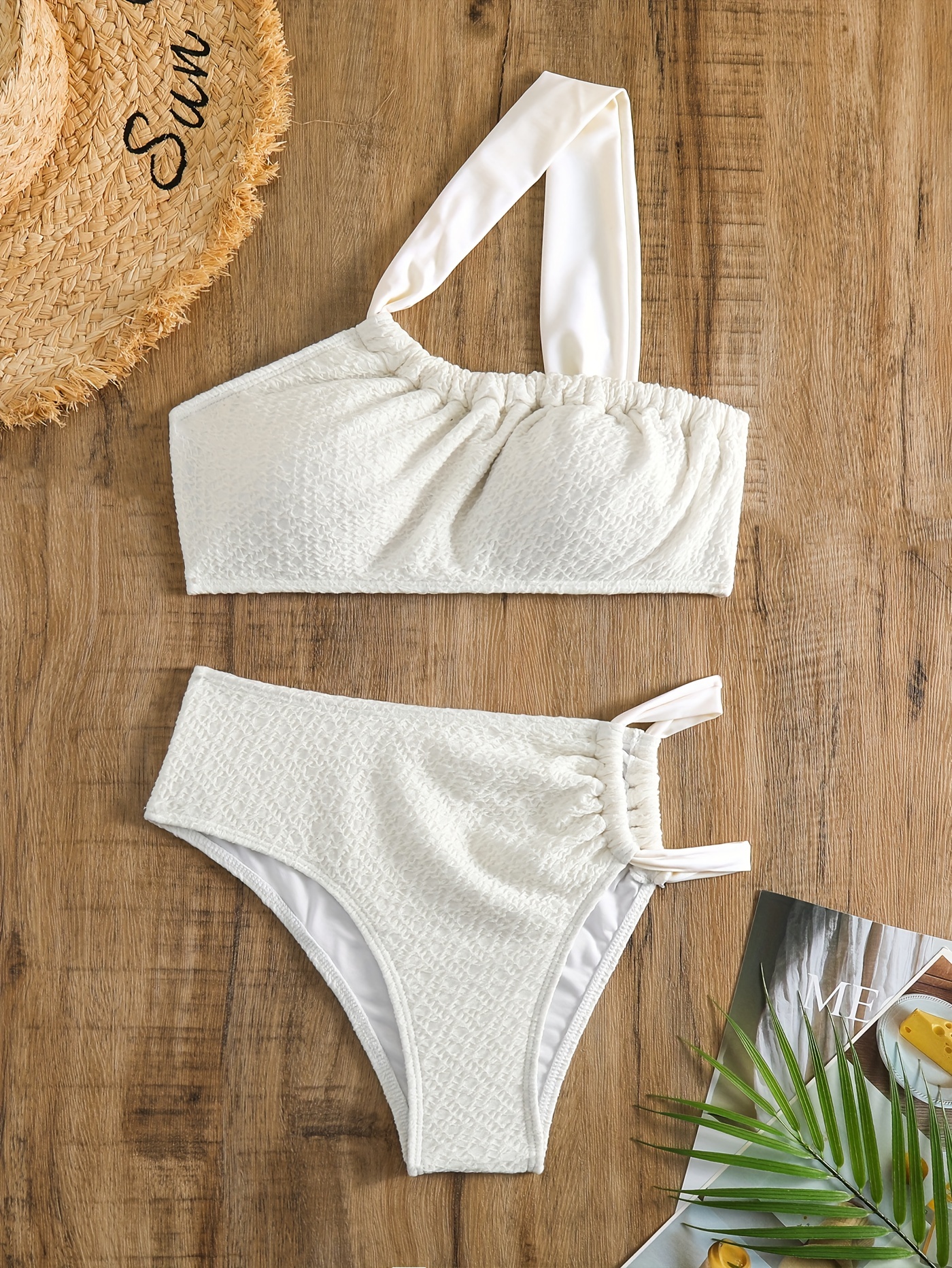 Asymmetric One Shoulder White 2 Piece Set Bikini, Plain High Stretch  Elegant Swimsuits, Women's Swimwear & Clothing