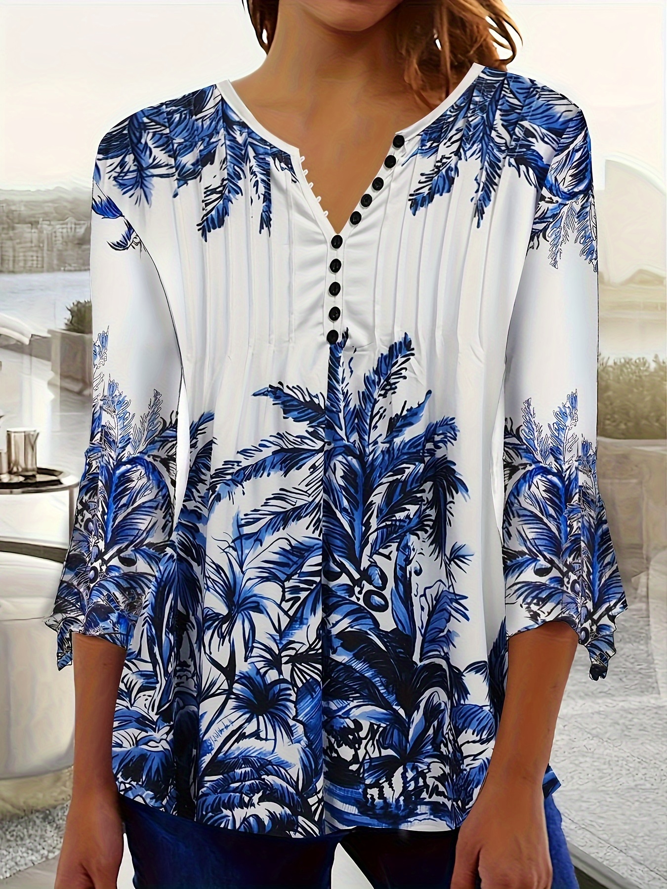 Plus Size Floral Print 3/4 Sleeve V Neck Tunic Tops Women's - Temu