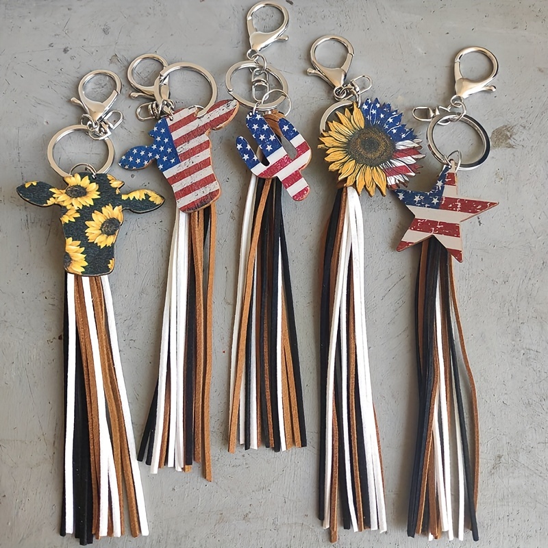 Western Style Wooden Keychain, Bull Sun Flower Retro Tassel Keychain Key  Ring, Bag Car Keychain For Men Women, Jewelry Gift For Friends - Temu