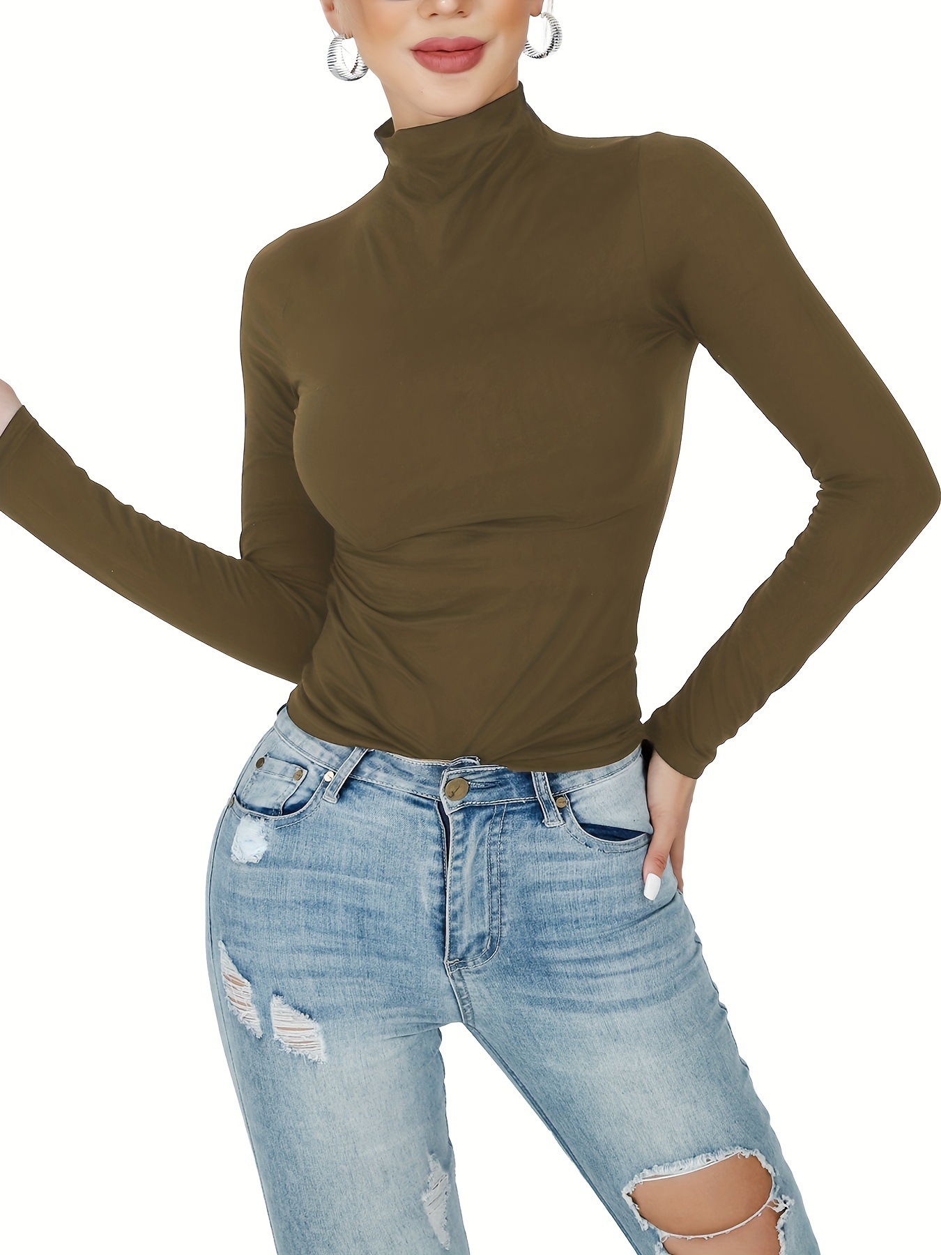 Womens Mock Turtleneck T Shirt Long Sleeve Solid Stretch Basic