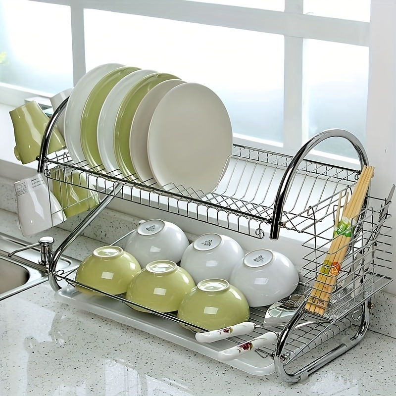 Dish Drying Rack For Kitchen Counter, 2-tier Rust-proof Dish Drying Rack  With Drain Board Hooks, Cutting Board Holder, Dish Rack For Kitchen Counter  With Utensil Holder, Kitchen Utensils, Apartment Essentials, Tools On