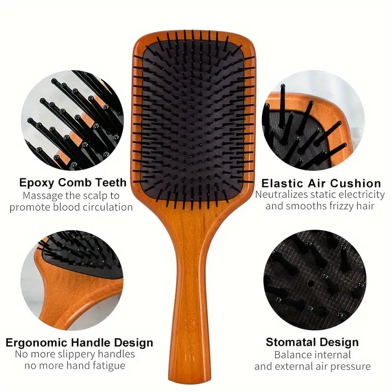 wooden paddle scalp massage comb air cushion detangling hair brush wooden hairdressing comb for salon home use for women men details 2